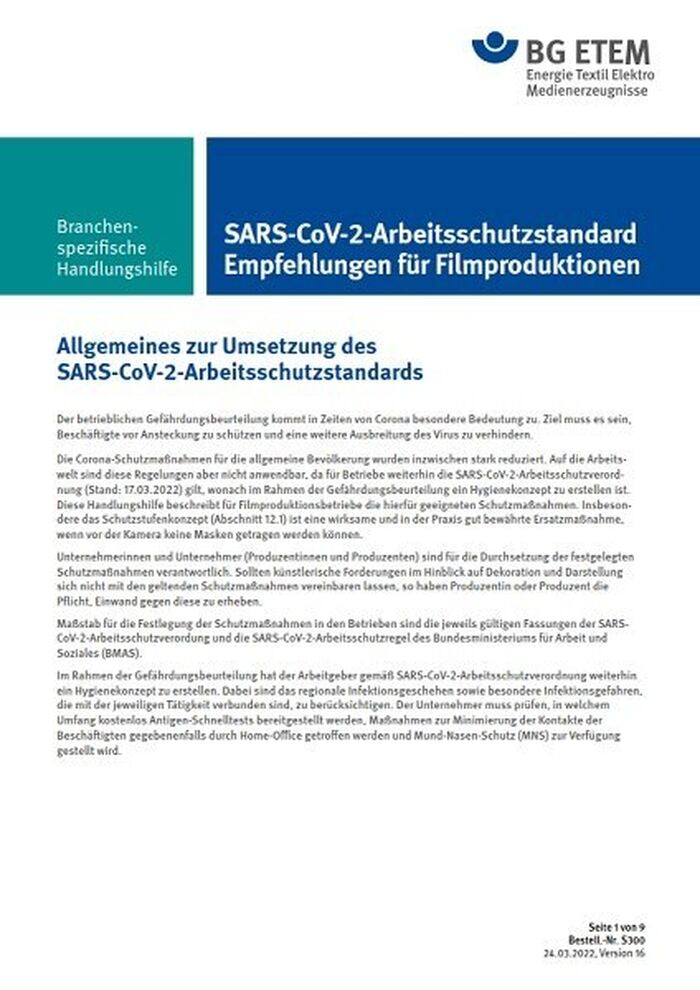 Coronavirus: Branchenspezifische Handlungshilfe "Filmproduktion" (SARS-CoV-2-Arbeitsschutzstandard)