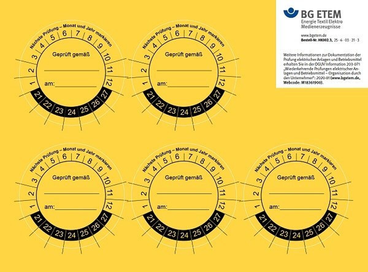 Prüfplakette Geprüft von ... Ø 60 mm (Bogen à 5 Stück) - Gelb