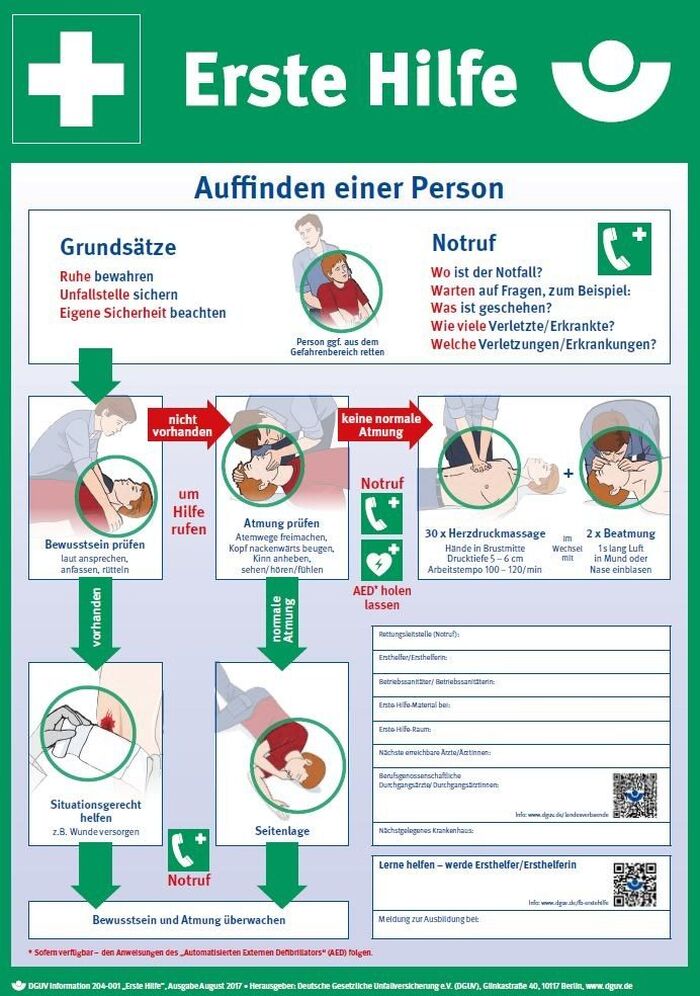DGUV Information 204-001: Anleitung zur Ersten Hilfe bei Unfällen (Plakat, DIN A2)
