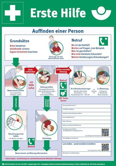 DGUV Information 204-001: Anleitung zur Ersten Hilfe bei Unfällen (Plakat, DIN A2)