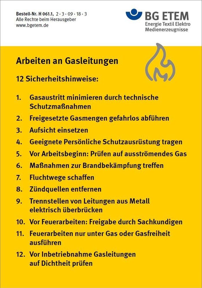 Aufkleber: Arbeiten an Gasleitungen - 12 Sicherheitshinweise, H: 15 cm, B: 10,5 cm